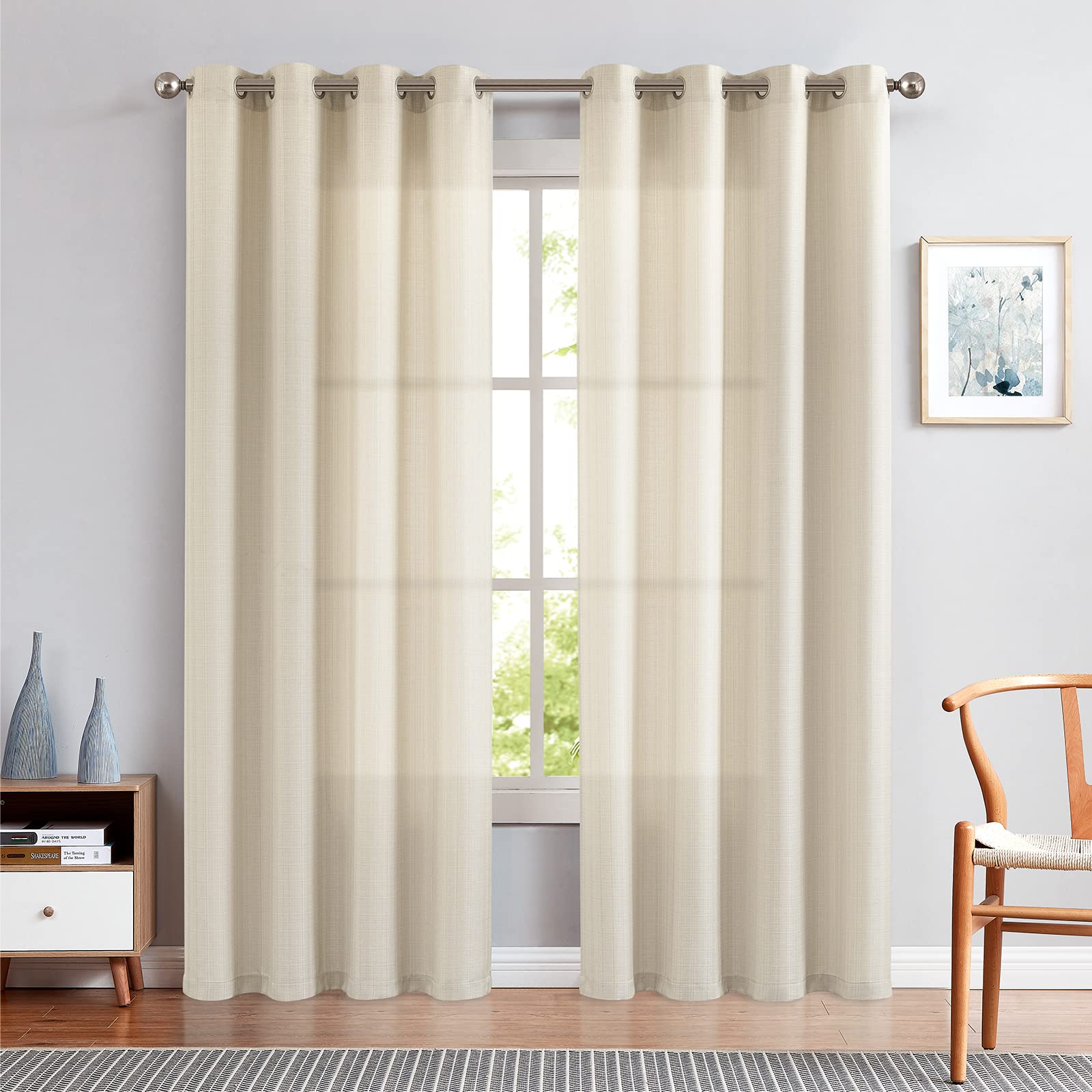 Jinchan Curtains Linen Textured Casual Weave Curtains For Living Room Beige 90 Inches Long 2 Panels Curtains Grommet Top Light Filtering Window Drapes Panels For Bedroom Curtains Heathered Beige